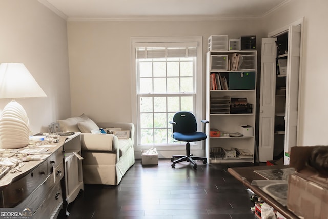 interior space with plenty of natural light, dark hardwood / wood-style flooring, and crown molding