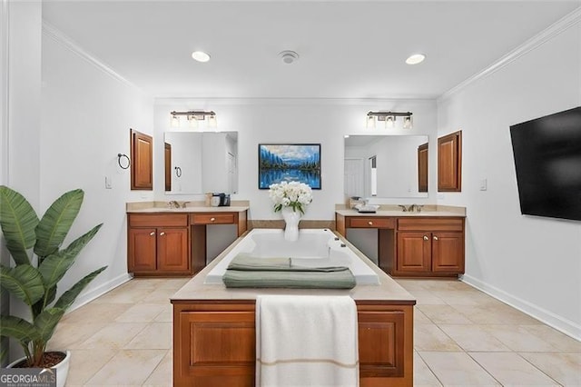 bathroom with tile patterned flooring, vanity, and crown molding