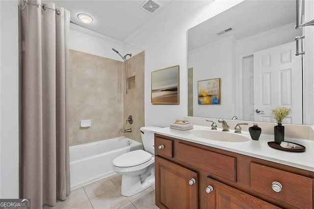 full bathroom with tile patterned floors, vanity, shower / bathtub combination with curtain, and toilet