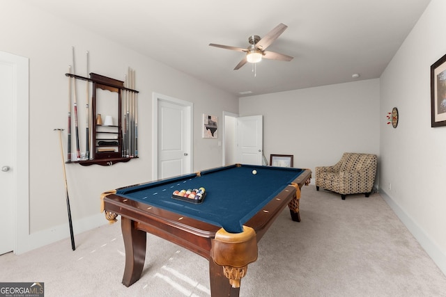 playroom featuring light colored carpet, ceiling fan, and pool table