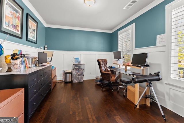 office area featuring dark hardwood / wood-style floors and ornamental molding