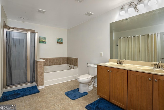 full bathroom featuring tile patterned floors, plus walk in shower, vanity, and toilet