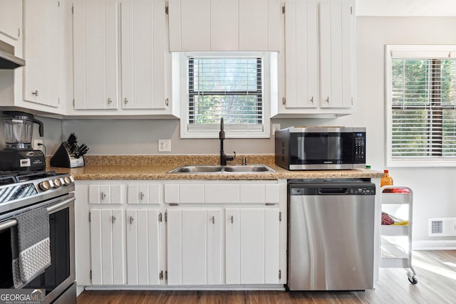 kitchen featuring dark hardwood / wood-style flooring, sink, white cabinetry, and stainless steel appliances