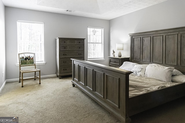 bedroom featuring light colored carpet, a textured ceiling, and multiple windows