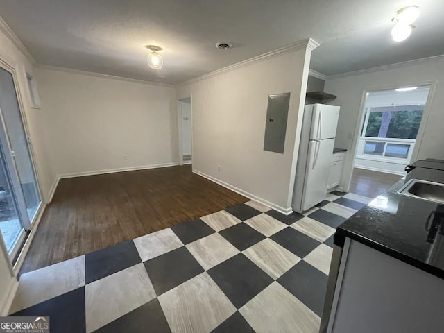 interior space featuring electric panel, sink, crown molding, dark hardwood / wood-style floors, and white fridge