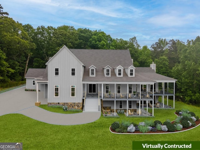 view of front of house featuring a front yard, a chimney, driveway, and a shingled roof