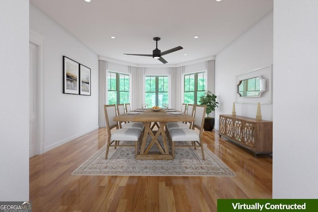 dining room featuring recessed lighting, baseboards, wood finished floors, and a ceiling fan
