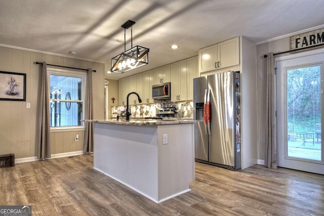 kitchen featuring hardwood / wood-style floors, hanging light fixtures, an island with sink, and stainless steel appliances