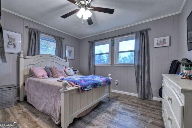 bedroom featuring wood-type flooring, ceiling fan, ornamental molding, and wood walls