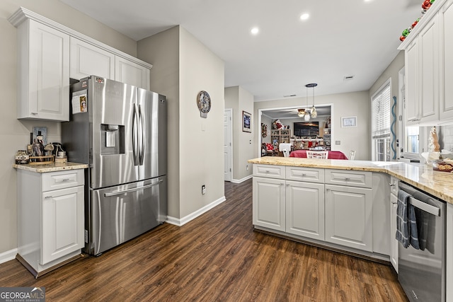 kitchen featuring white cabinetry, dark hardwood / wood-style flooring, decorative light fixtures, and stainless steel refrigerator with ice dispenser