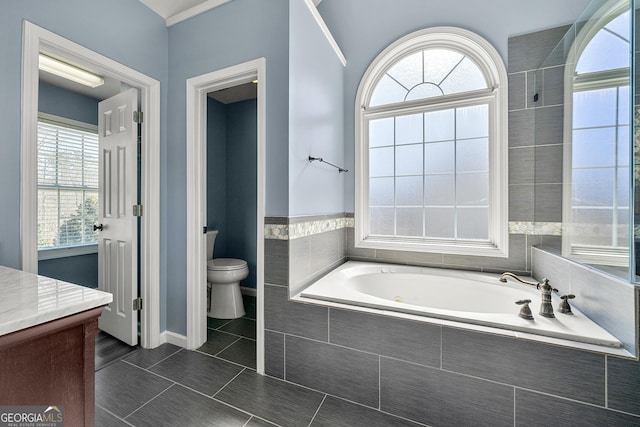 bathroom featuring a garden tub, vanity, and toilet