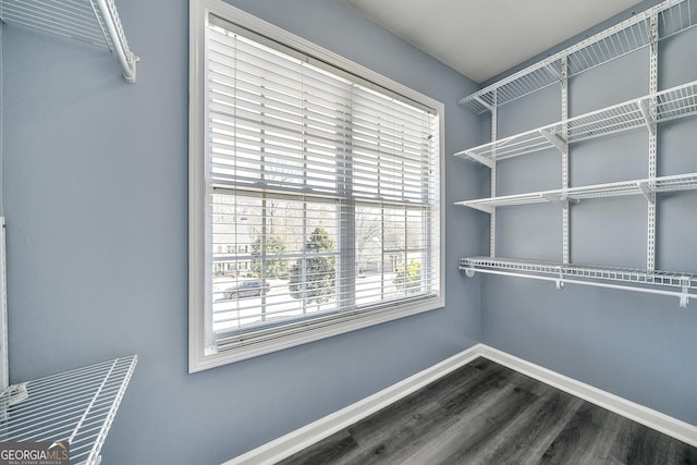 walk in closet with wood finished floors