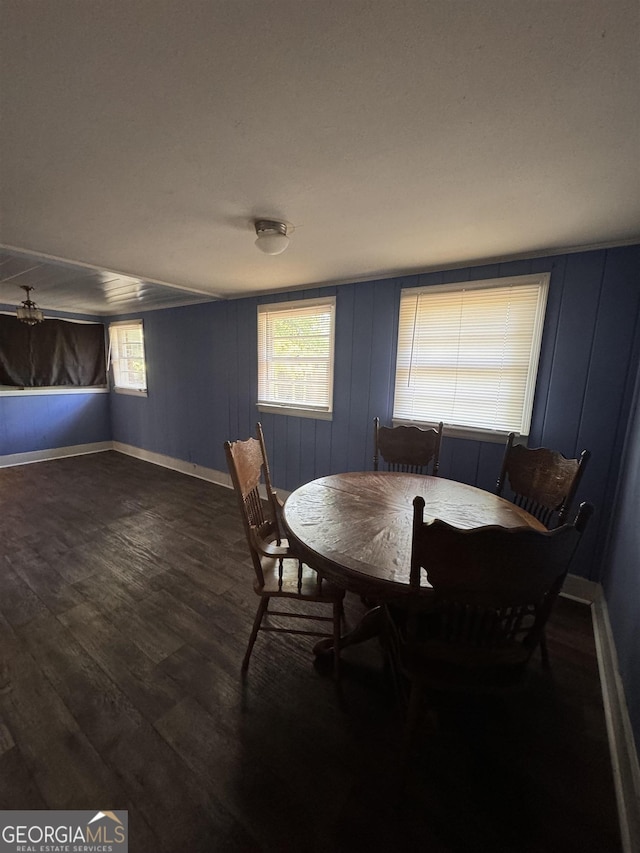 dining space with plenty of natural light and dark wood-type flooring