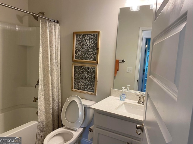 full bathroom featuring vanity, toilet, and shower / bathtub combination with curtain