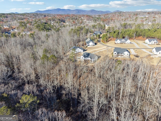 drone / aerial view featuring a mountain view and a view of trees