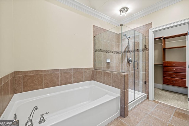 bathroom featuring separate shower and tub, crown molding, and tile patterned flooring