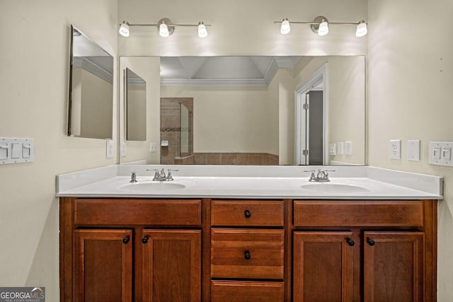 bathroom featuring vanity, crown molding, and walk in shower