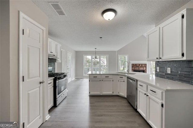 kitchen featuring white cabinets, sink, kitchen peninsula, and stainless steel appliances