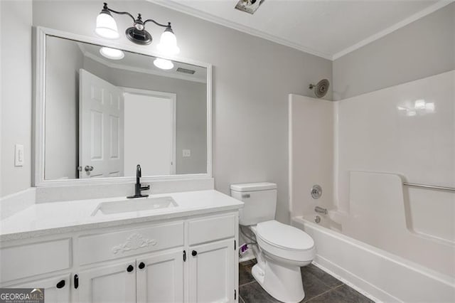 full bathroom with washtub / shower combination, vanity, tile patterned floors, and ornamental molding