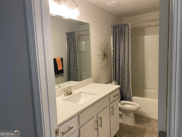 full bathroom with toilet, shower / bath combo, vanity, and tile patterned floors