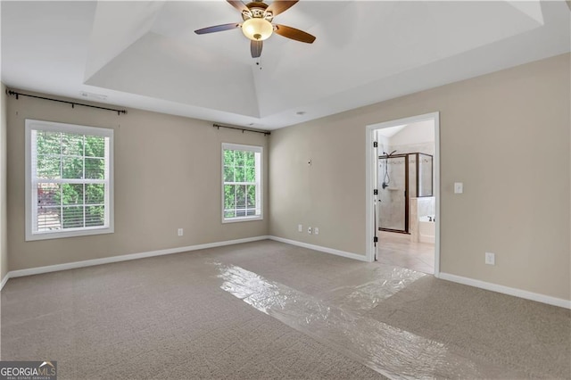 carpeted spare room featuring ceiling fan, a healthy amount of sunlight, and a raised ceiling