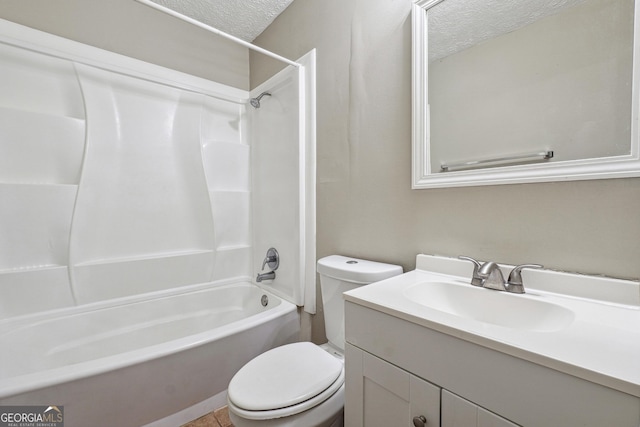 full bathroom with vanity, a textured ceiling, shower / bath combination, and toilet