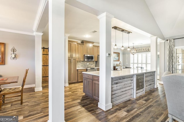 kitchen with appliances with stainless steel finishes, ornate columns, crown molding, dark wood-type flooring, and a barn door