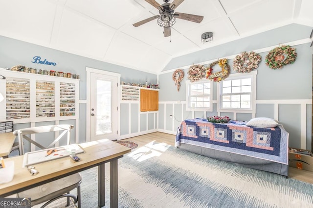 bedroom with ceiling fan and hardwood / wood-style flooring