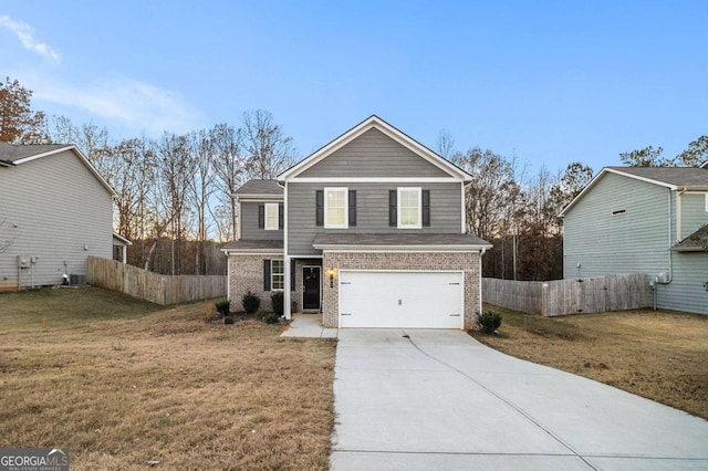 front of property with a front lawn, central AC unit, and a garage