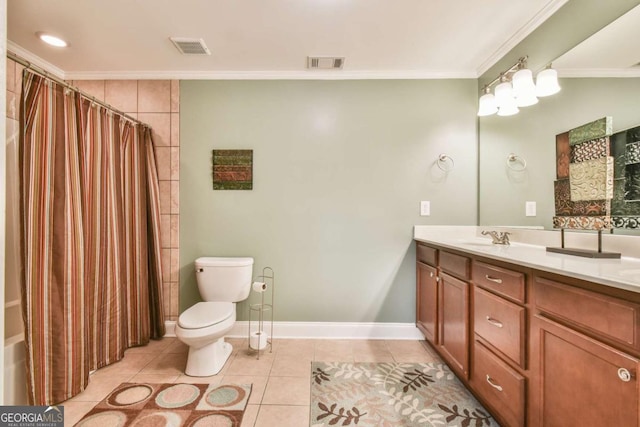 bathroom featuring tile patterned flooring, vanity, toilet, and ornamental molding