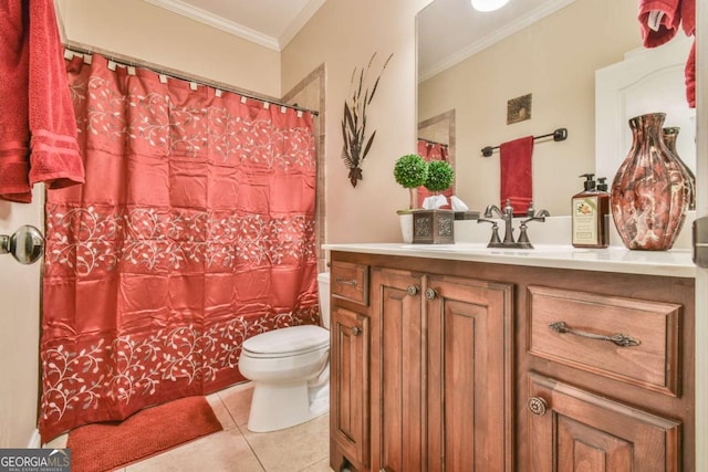 bathroom featuring tile patterned flooring, vanity, toilet, and ornamental molding