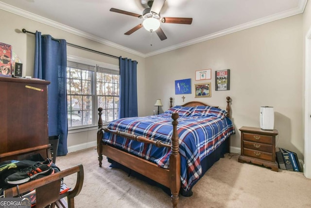 bedroom with light colored carpet, ceiling fan, and ornamental molding