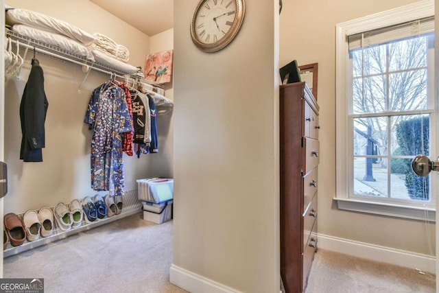 walk in closet with light colored carpet