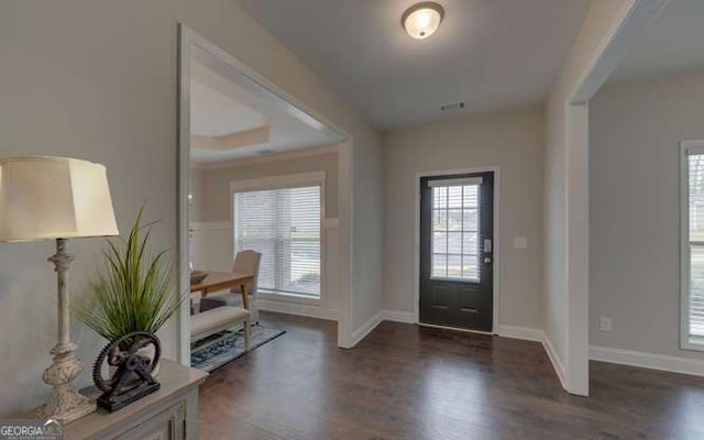 entrance foyer featuring dark hardwood / wood-style floors and a raised ceiling