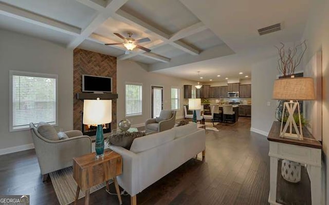 1721 Cobblefield Cir, Dacula, GA 30019 - living area featuring coffered ceiling, a ceiling fan, dark wood-style flooring, beamed ceiling, and recessed lighting