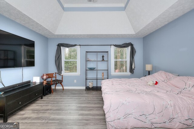 bedroom featuring a raised ceiling, hardwood / wood-style floors, and a textured ceiling