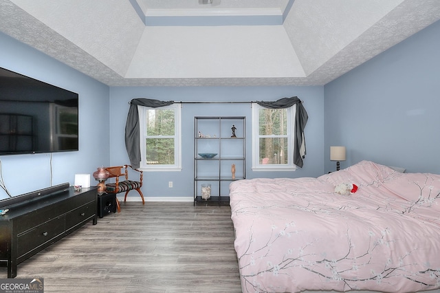 bedroom with a tray ceiling, a textured ceiling, baseboards, and wood finished floors