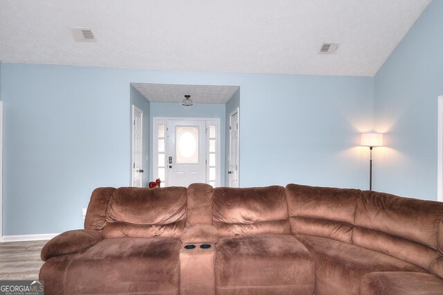 living room with hardwood / wood-style flooring and a textured ceiling