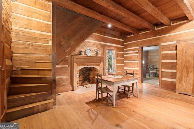 dining area with wood-type flooring, beam ceiling, wood walls, and wood ceiling