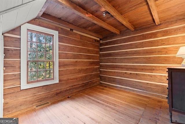 bonus room featuring hardwood / wood-style flooring, wood ceiling, and wooden walls