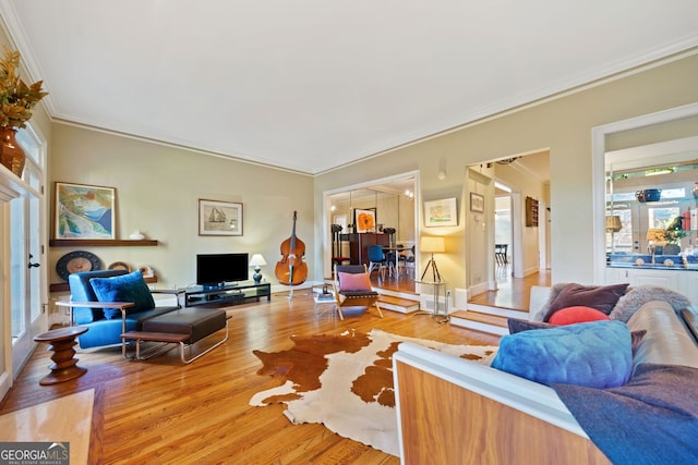 living room featuring light hardwood / wood-style flooring and crown molding