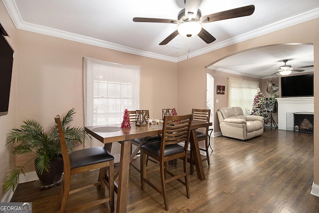 dining room featuring crown molding, ceiling fan, dark hardwood / wood-style flooring, and a fireplace