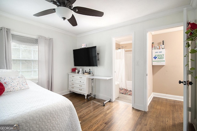 bedroom with dark hardwood / wood-style flooring, ensuite bathroom, ceiling fan, and crown molding