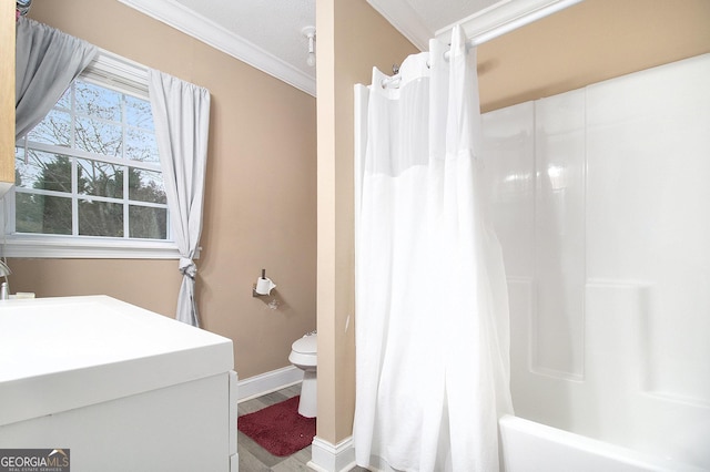 bathroom with shower / bath combo, toilet, wood-type flooring, and crown molding