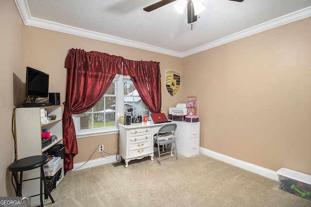 office area with light colored carpet, ornamental molding, and a textured ceiling