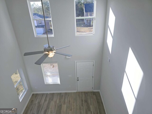 interior space with dark hardwood / wood-style floors, a healthy amount of sunlight, a towering ceiling, and ceiling fan