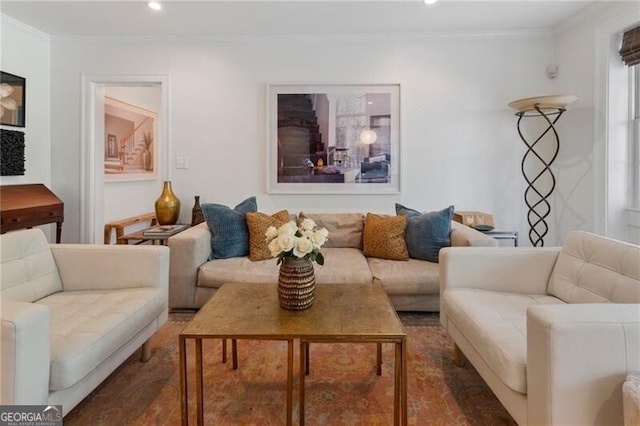 living room with crown molding