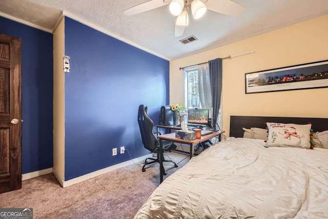 carpeted bedroom with a textured ceiling, ceiling fan, lofted ceiling, and crown molding