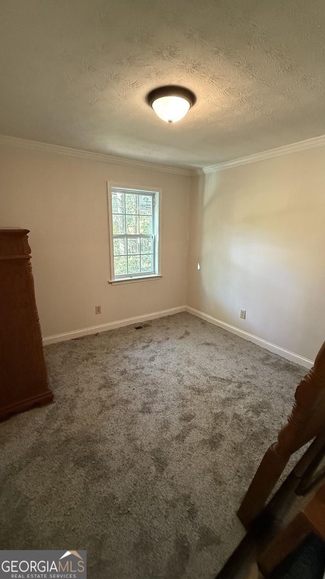 carpeted spare room with a textured ceiling and ornamental molding