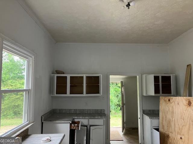 kitchen featuring white cabinets, a textured ceiling, and a healthy amount of sunlight